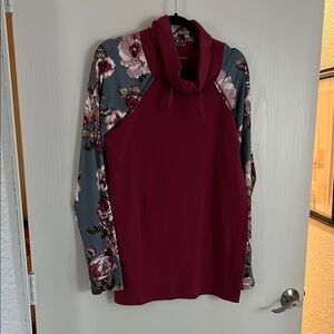 Floral Cowl Neck Sweater - Burgundy and Gray